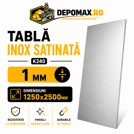 Tabla inox satinata K240 AISI 304/304L, 1 x 1250 x 2500 mm, 3.125 mp